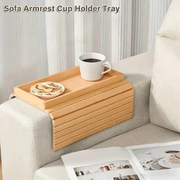 Table d'appoint pour canapé avec porte-gobelet, plateau pliable de style bambou pour accoudoir de ca