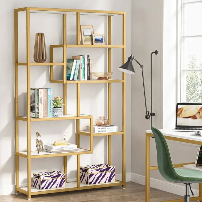 Tribesigns-Bibliothèque en Faux Marbre, Étagère Ouverte en Or à 8 Étagères, Présentoir à Livres Mode