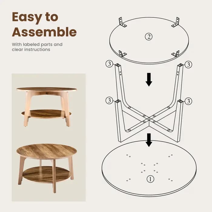 JHK – Table basse ronde en bois de 32 pouces, pour salon, comptoir central à 2 niveaux avec rangemen