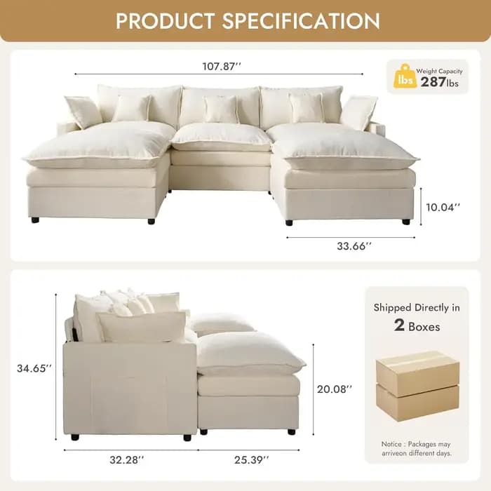 Canapé sectionnel en forme de U de 107,8 pouces, confortable canapé modulaire en chenille avec ottom