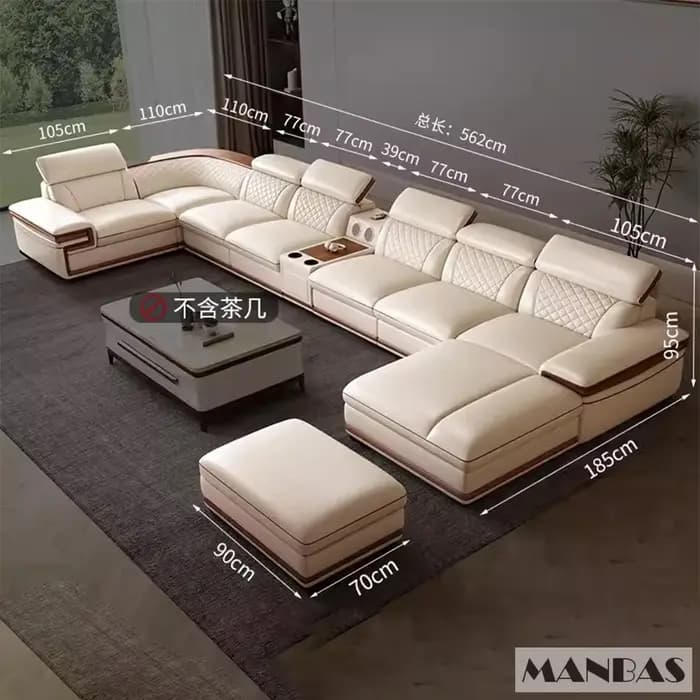 Ensemble de canapés en cuir véritable italien avec chaise longue inclinable