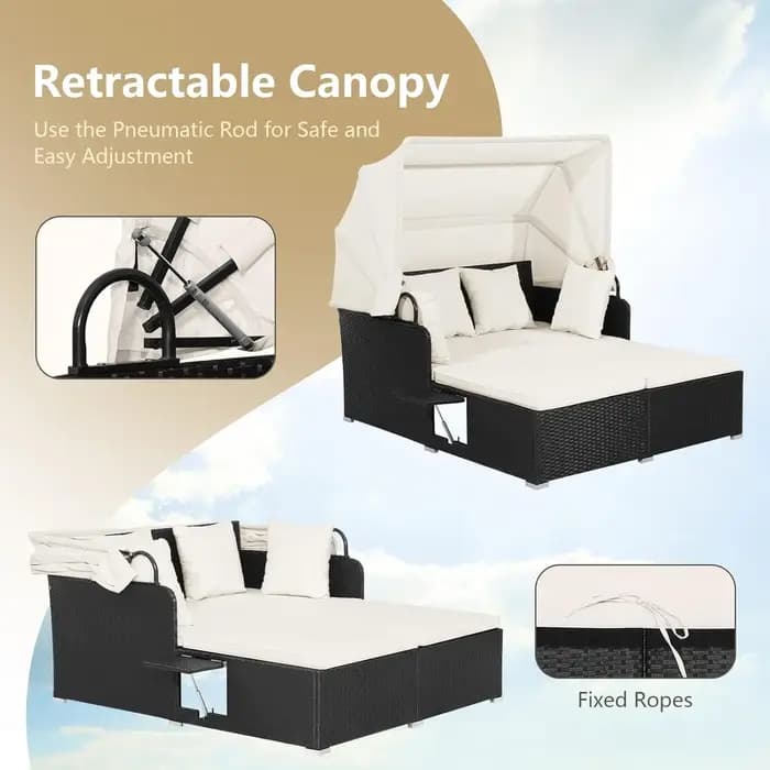Lit de repos d'extérieur avec auvent rétractable, ensemble de meubles de patio en osier avec coussin