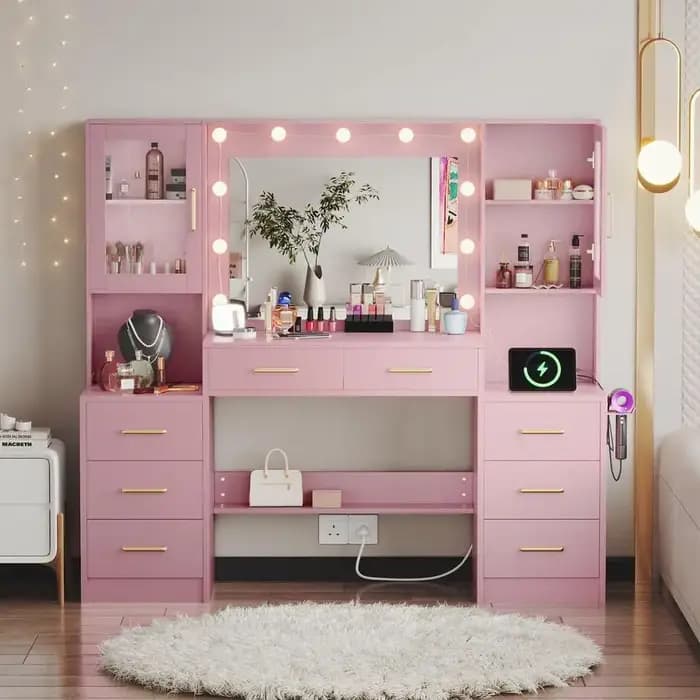 Coiffeuse de maquillage 58.3 avec station de charge, table de maquillage rose avec miroir lumineux,