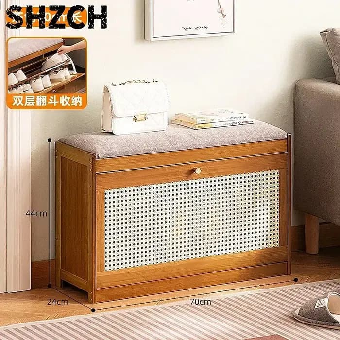 Banc d'entrée en bambou naturel avec coussin et rangement basculant pour chaussures