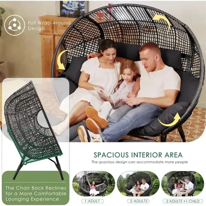 Pour chaise à œufs Double, stationnaire d'intérieur et d'extérieur, coussins rembourrés épais surdimensionnés, causeuse à œufs pour 2 personnes, pour Patio et balcon
