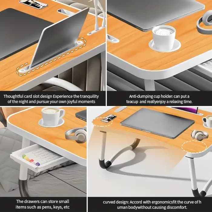 Table de lit super portable pour ordinateur portable avec porte-gobelet et tiroirs, USB, support de