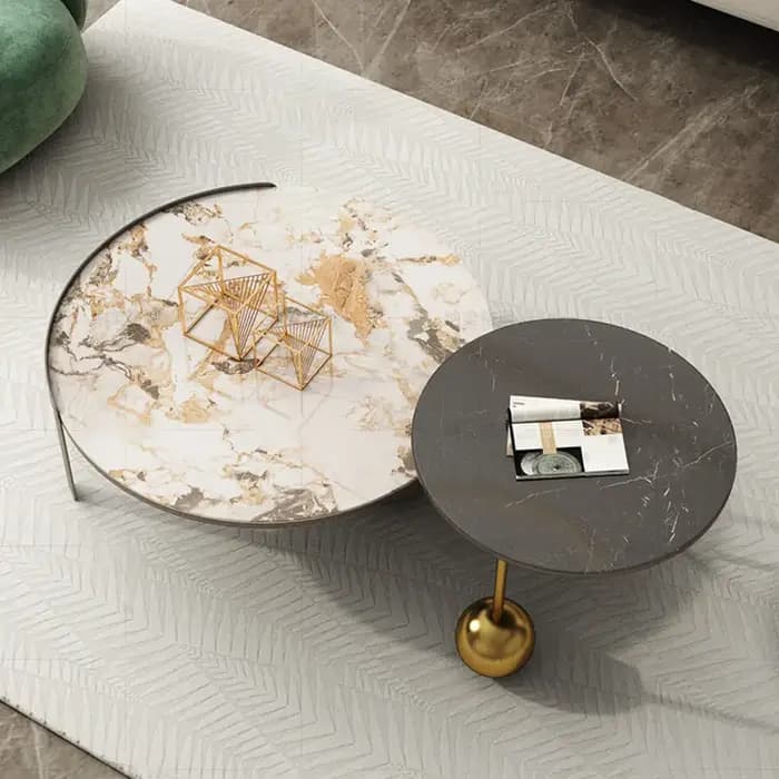 Table basse moderne en acier inoxydable avec pierre ronde