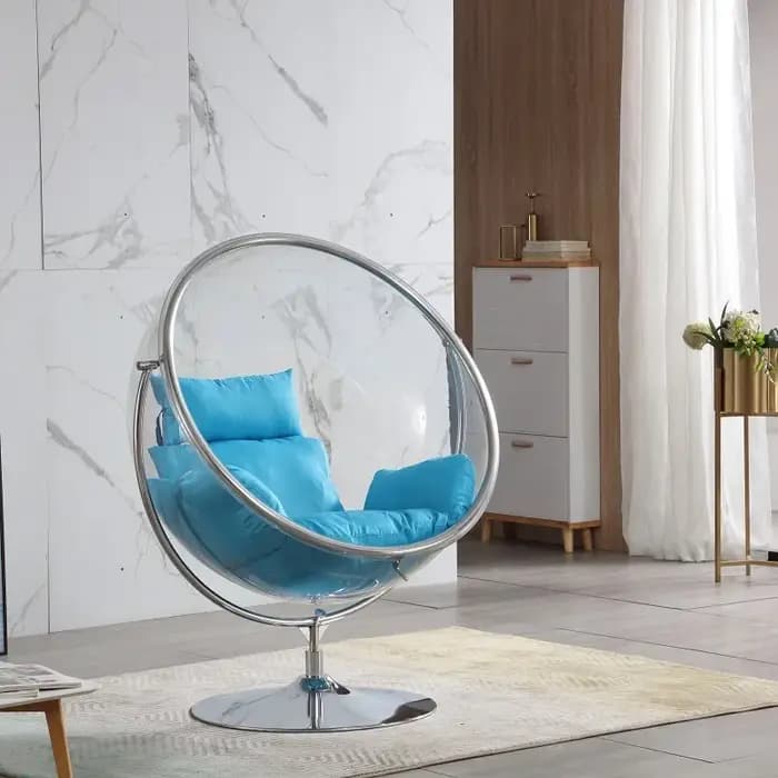 Fauteuil suspendu en forme de bulle, fauteuil œuf, meuble design pour salon, balcon et décoration glamour contemporaine