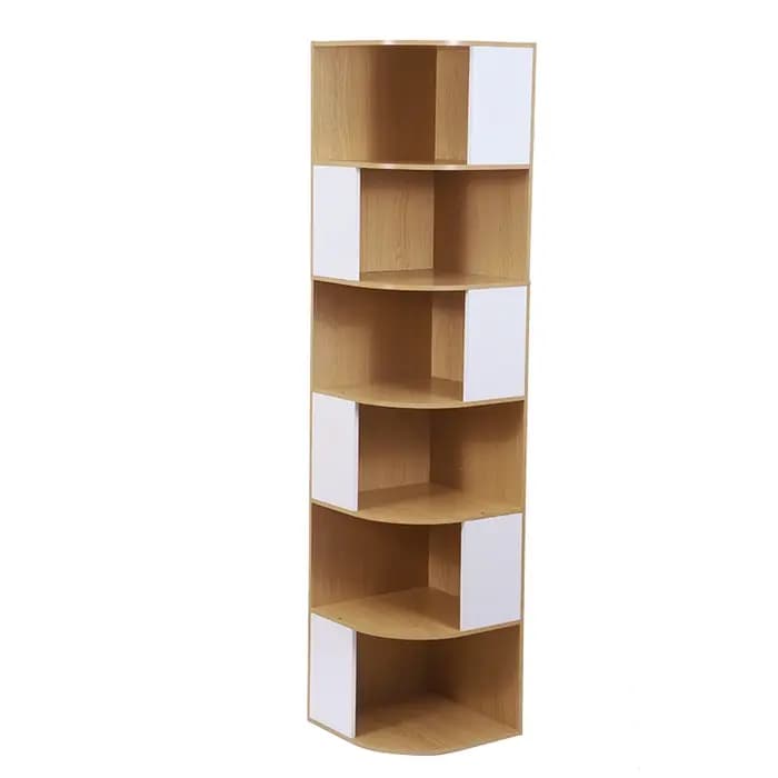 Bibliothèque d'angle moderne, étagère à 6 niveaux en bois massif et MDF, étagère de présentation réglable avec dossier en acier inoxydable