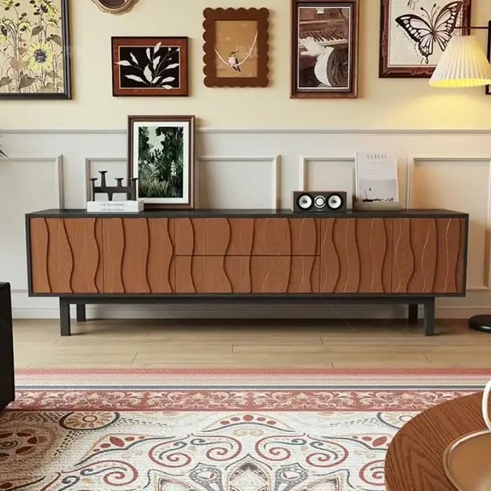 Vintage longue décoration meuble Tv marron support milieu du siècle