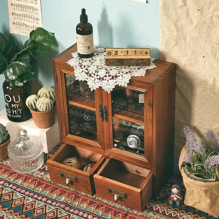 Armoire de présentation à double porte en bois massif de style nordique rétro, armoire de rangement pour cosmétiques, boîte de rangement de bureau avec tiroirs