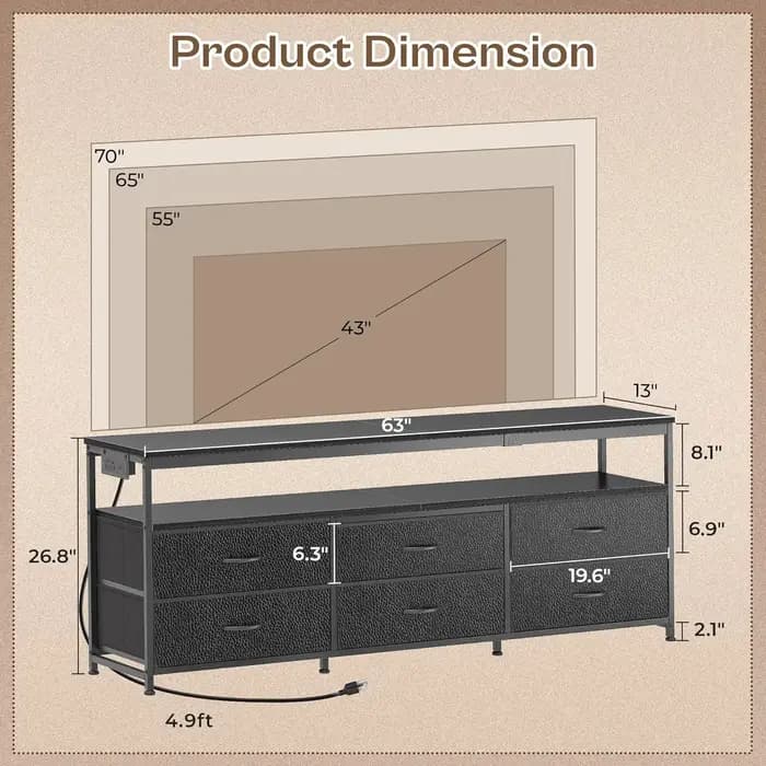 Meuble TV 63 pouces pour TV 55, 65, 70 pouces, meuble TV longue pour chambre à coucher, meuble TV LE