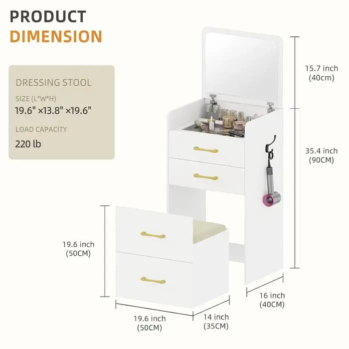 Coiffeuse 3 en 1 avec miroir rabattable pour chambre à coucher, petite coiffeuse compacte avec plate