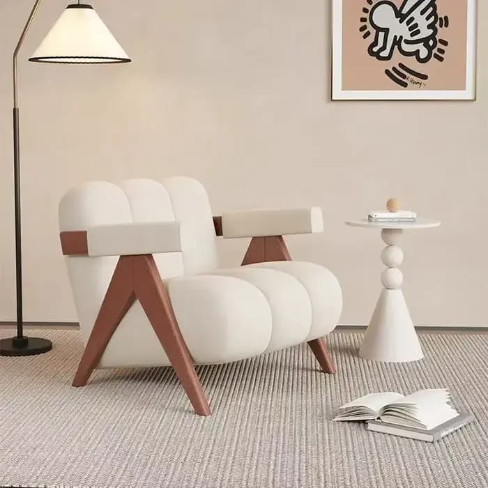 Canapé simple moderne et décontracté, chaise en bois massif crème avec coussin en cuir, siège décont