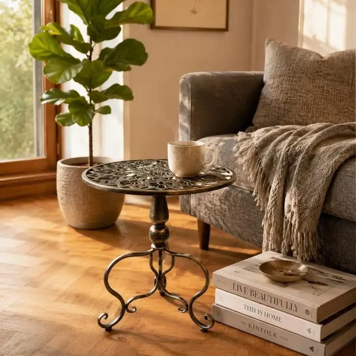 Table d'appoint ronde sculptée, petite table d'appoint ronde pour balcon, gain de place
