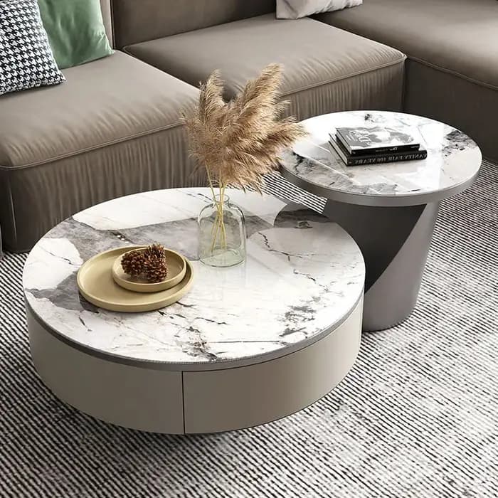 Ensemble de meubles de salon de luxe moderne italien : Meuble TV et table basse ronde en marbre avec rangement
