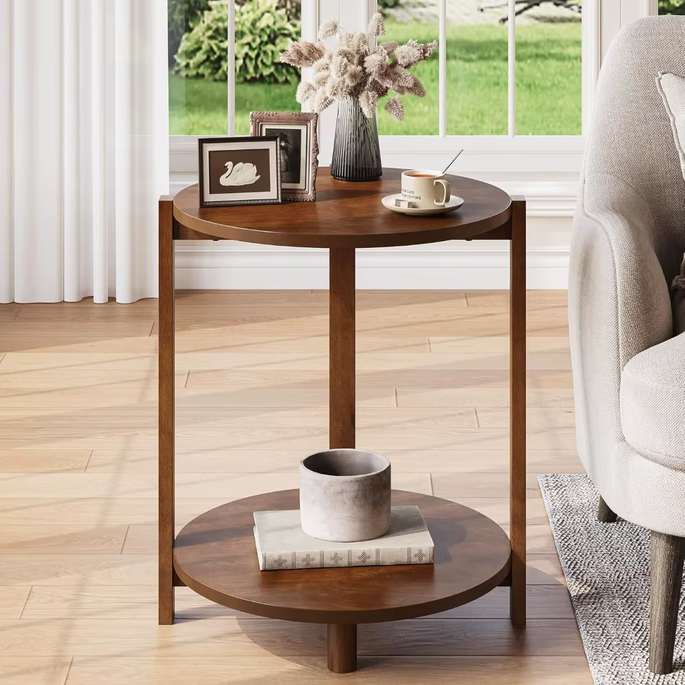 Table d'appoint en bois massif pour salon, petite table ronde avec rangement à 2 niveaux, table de c