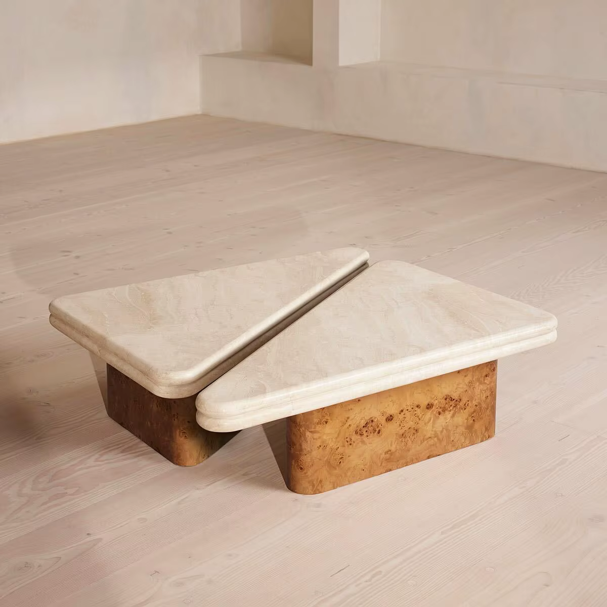 Table basse en marbre naturel ancien, meubles de salon, dessus en travertin, Base en bois massif, Ta