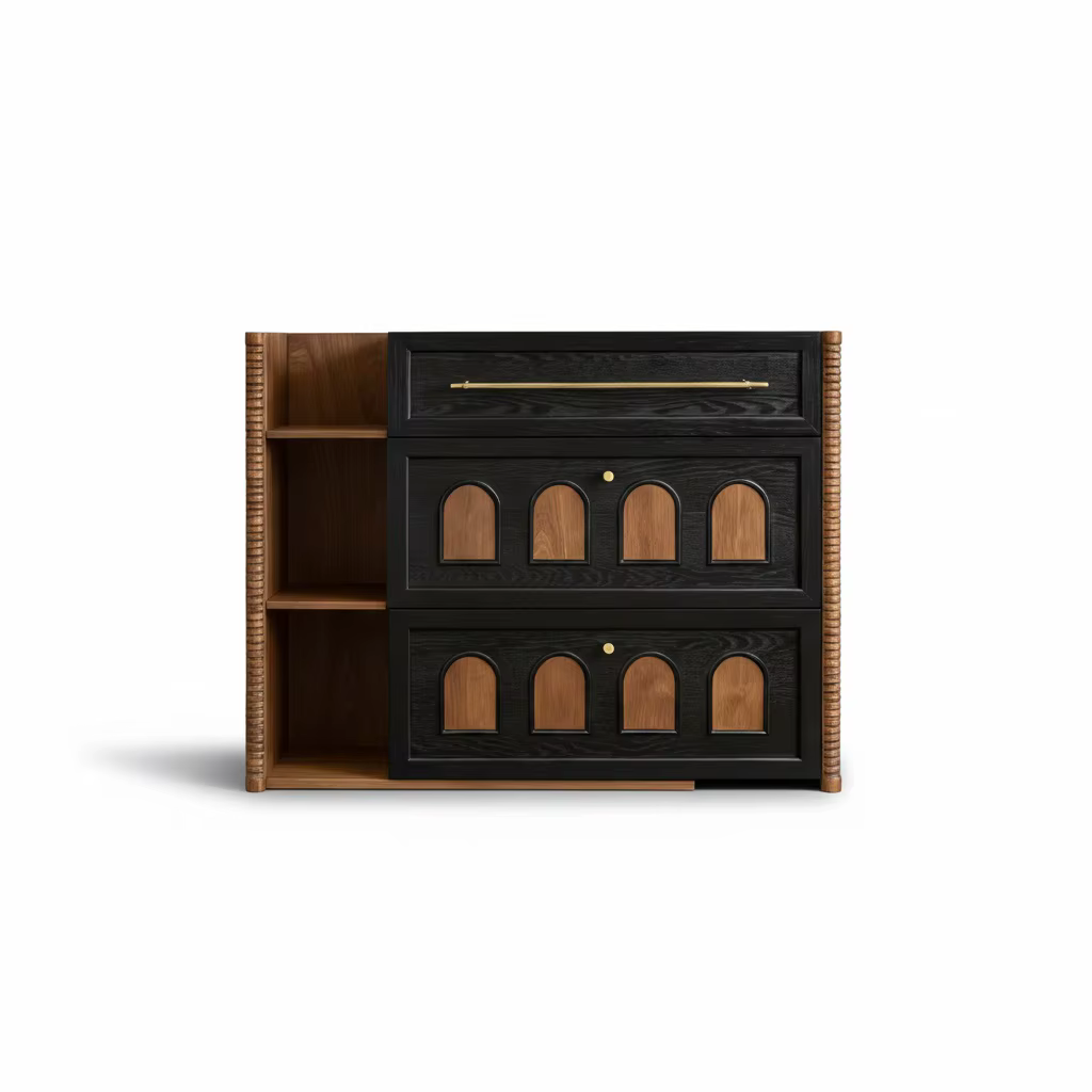 Buffet en bois, console géométrique sculptée en bois massif, chêne teinté noir, armoire en noyer nat
