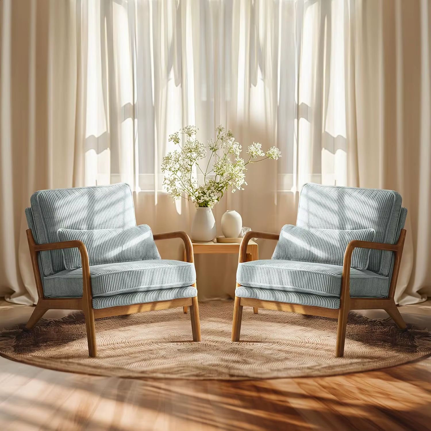 Ensemble de 2 fauteuils d'appoint en velours côtelé, rembourrés, en bois massif, avec coussin de lec