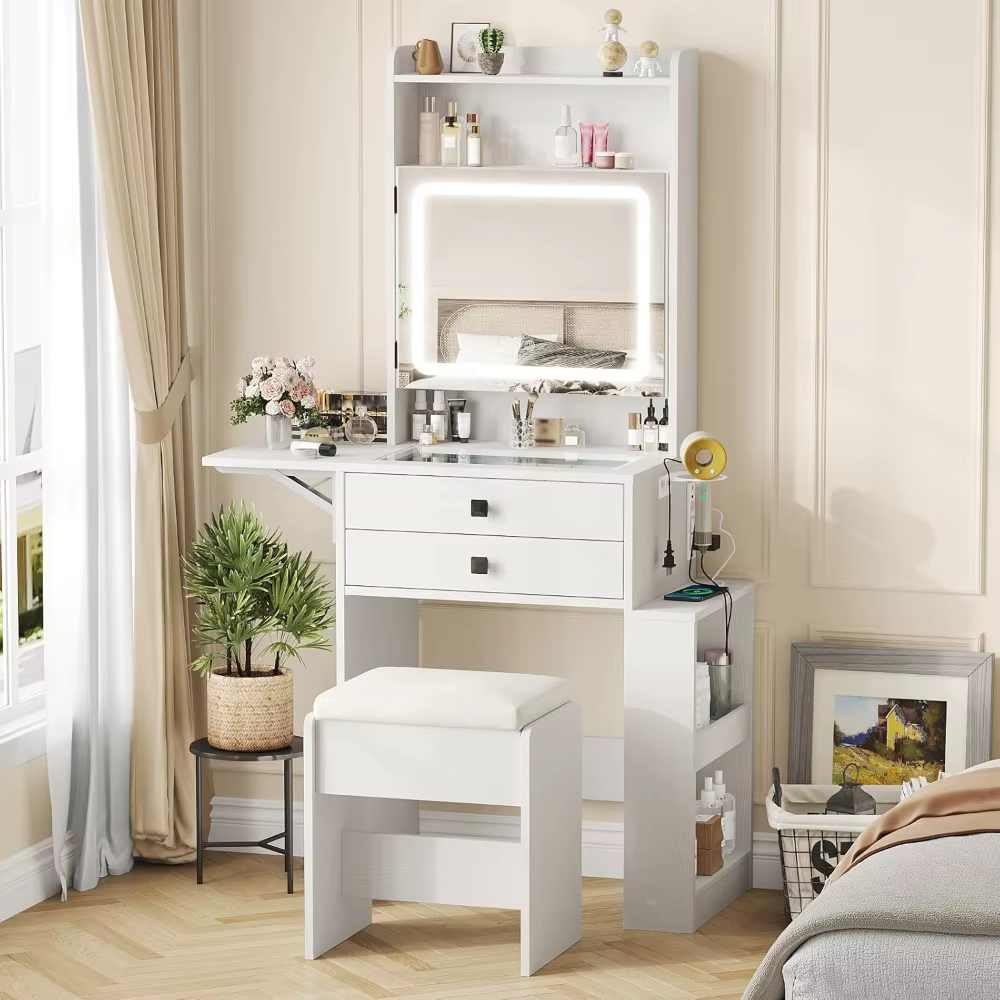 Petit bureau de maquillage avec miroir éclairé réglable à 3 niveaux, ensemble de coiffeuse blanc ave