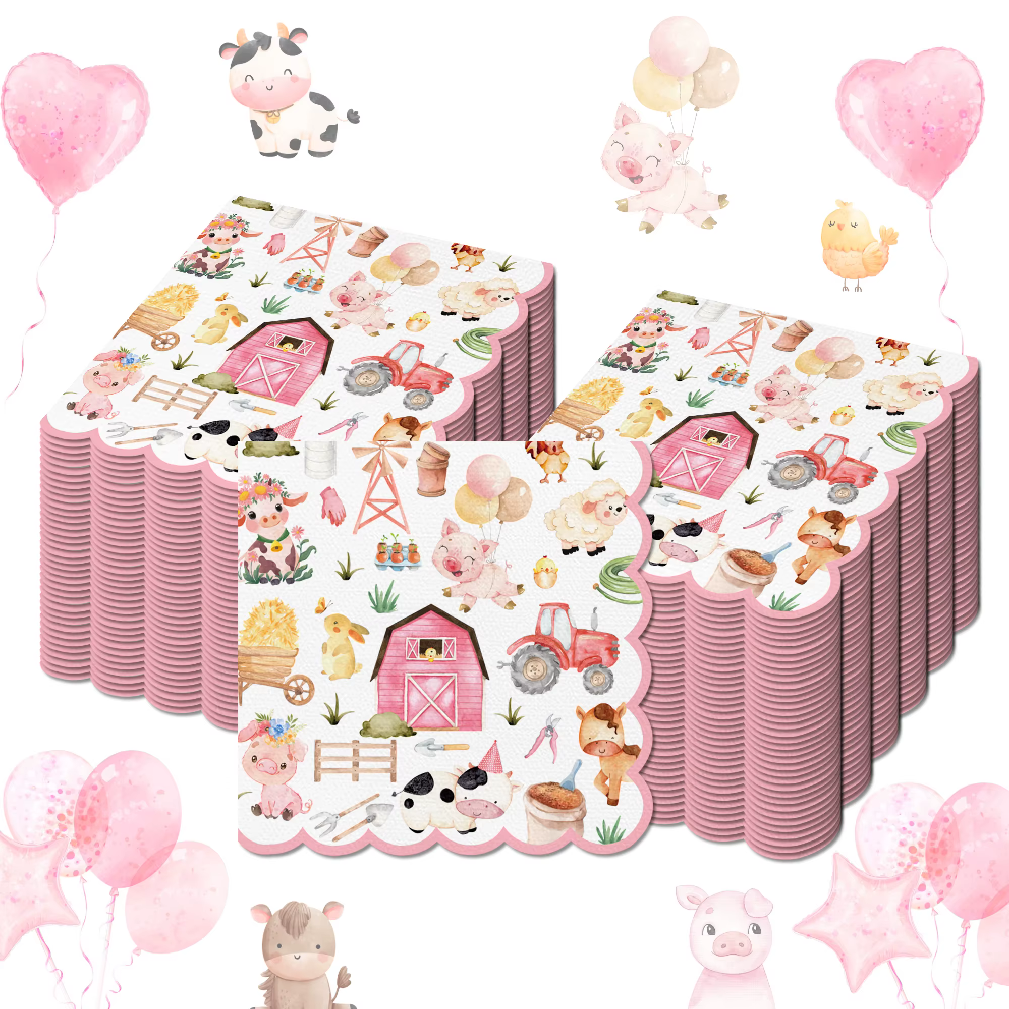 Serviettes à thème animaux de la ferme roses, 20/40/60 pièces, pour décoration d'anniversaire, décor