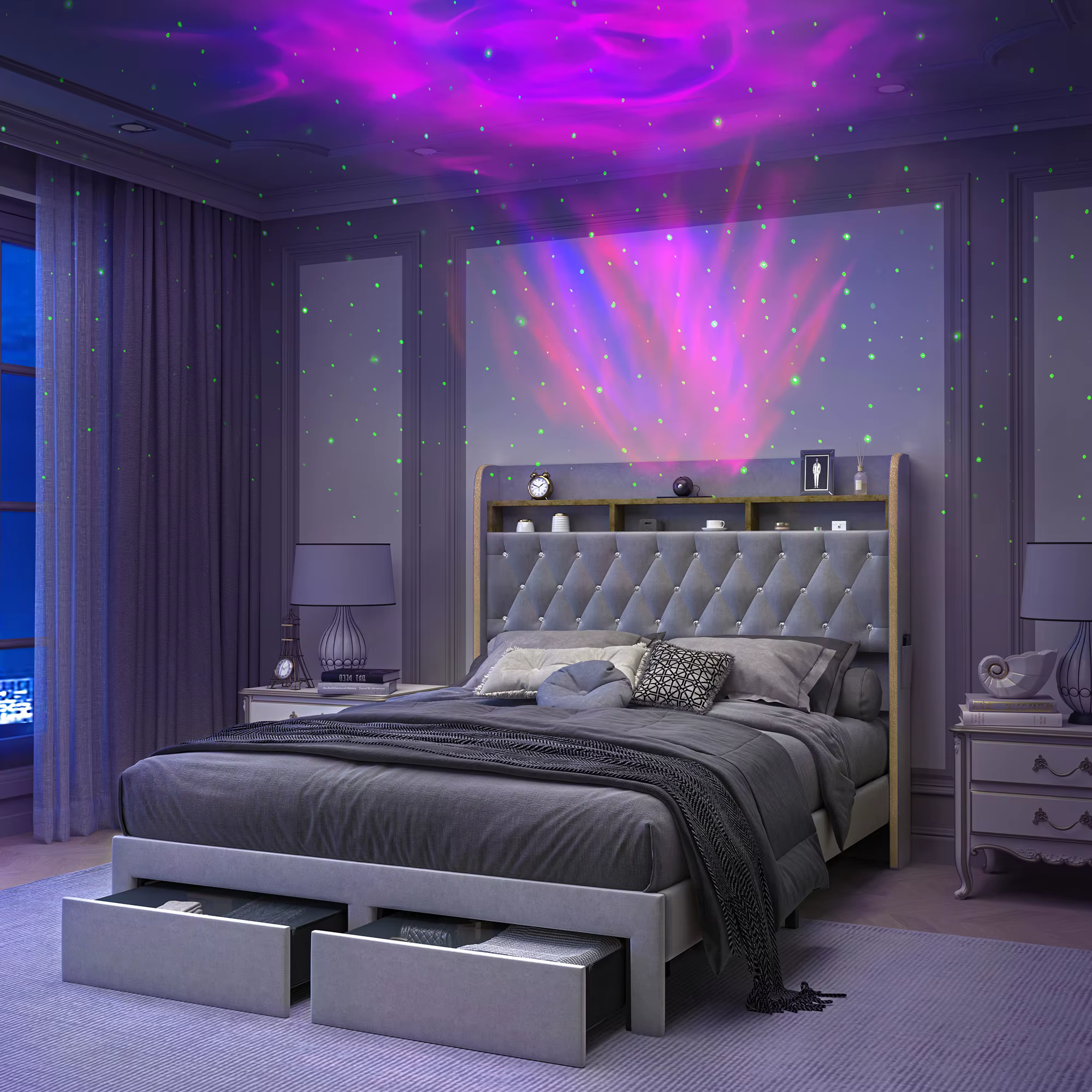 Cadre de lit Queen LED avec rangement, projecteur d'étoiles, station de recharge, tête de lit à 2 ni