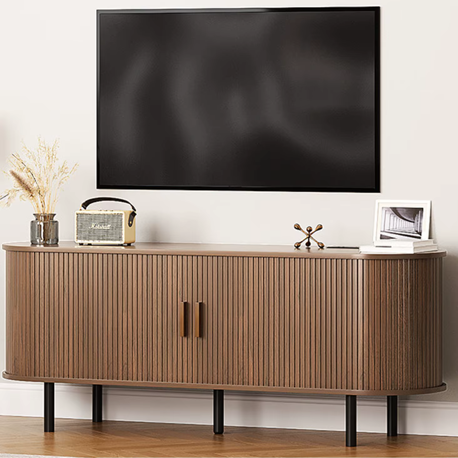 Meuble TV avec prise de courant pour téléviseur jusqu'à 60/70 ", table TV avec portes coulissantes,