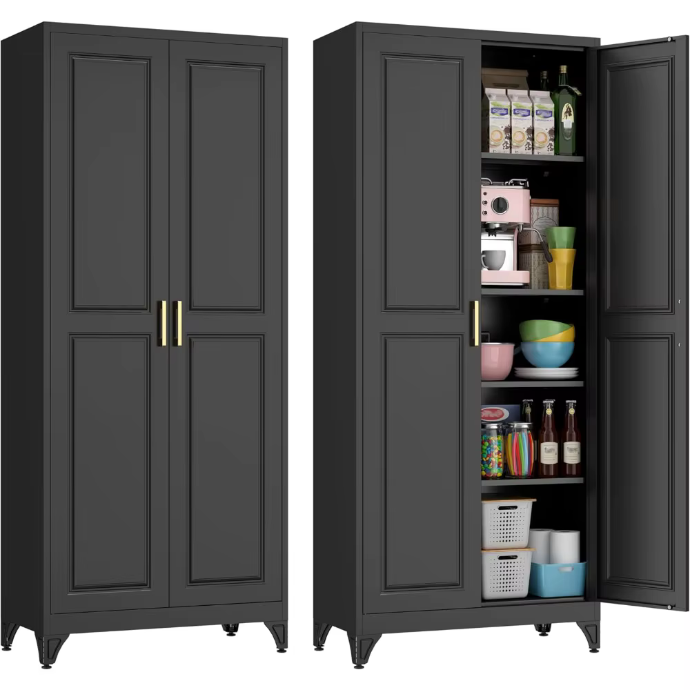 Armoire de garde-manger de cuisine de 75 pouces, armoires de rangement en métal noir avec 2 portes e
