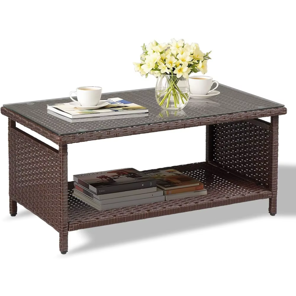 Table basse d'extérieur en osier avec plateau en verre trempé et rangement pour patio