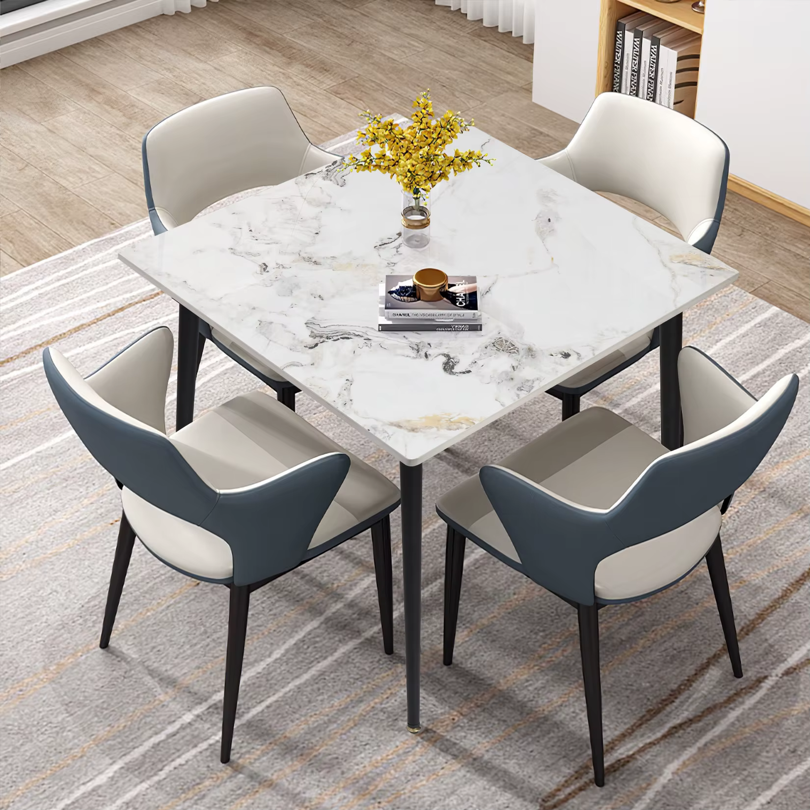 Table à manger de cuisine en ardoise du milieu du siècle, avec plateau en pierre frittée et pieds en