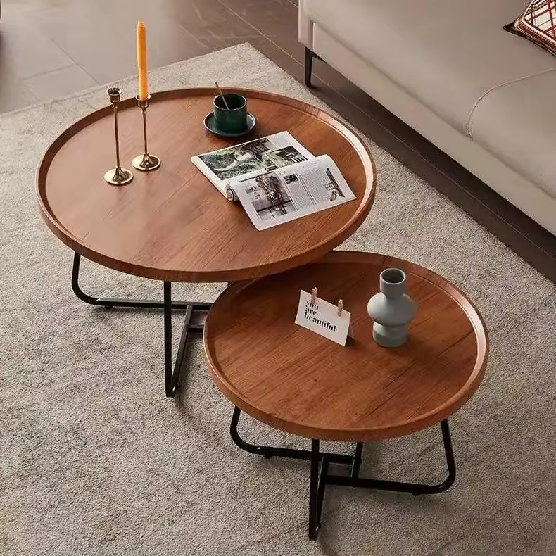 Ensemble de Tables basses gigognes rondes modernes en noyer, 2 pièces, personnalisées, faciles à ass
