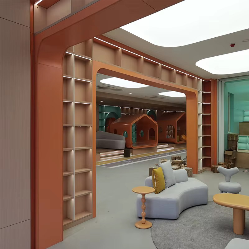 Bibliothèque du sol au plafond en bois massif, livre de district commercial, grande arc carré, zone