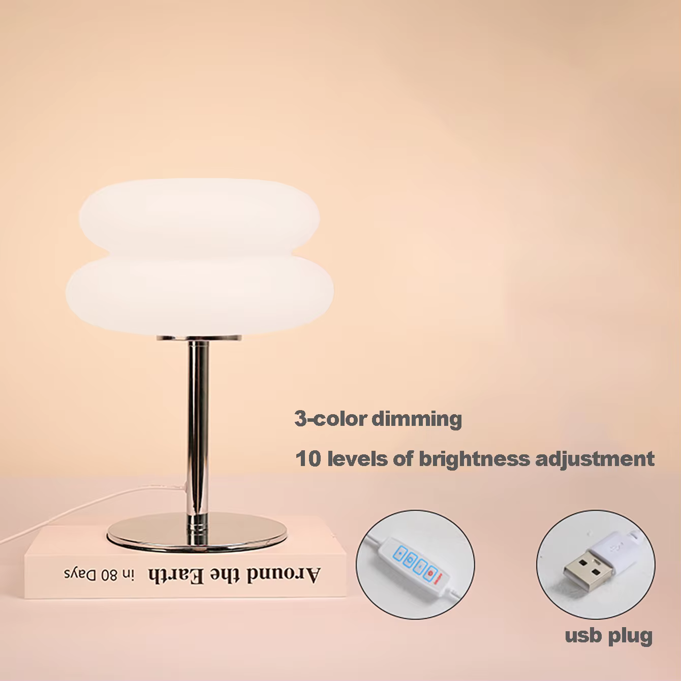 Lampe de chevet de chambre à coucher, lampe de table de style crémeux, prise USB, gradation tricolor