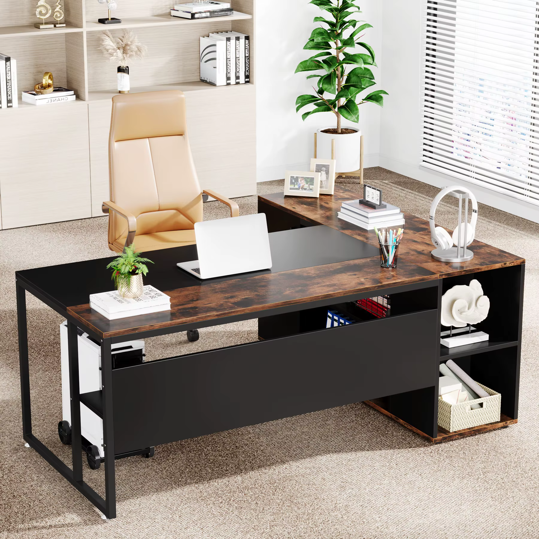 Tribesigns-Bureau de direction avec étagères, bureau en forme de L, rangement pour armoire, 71 po