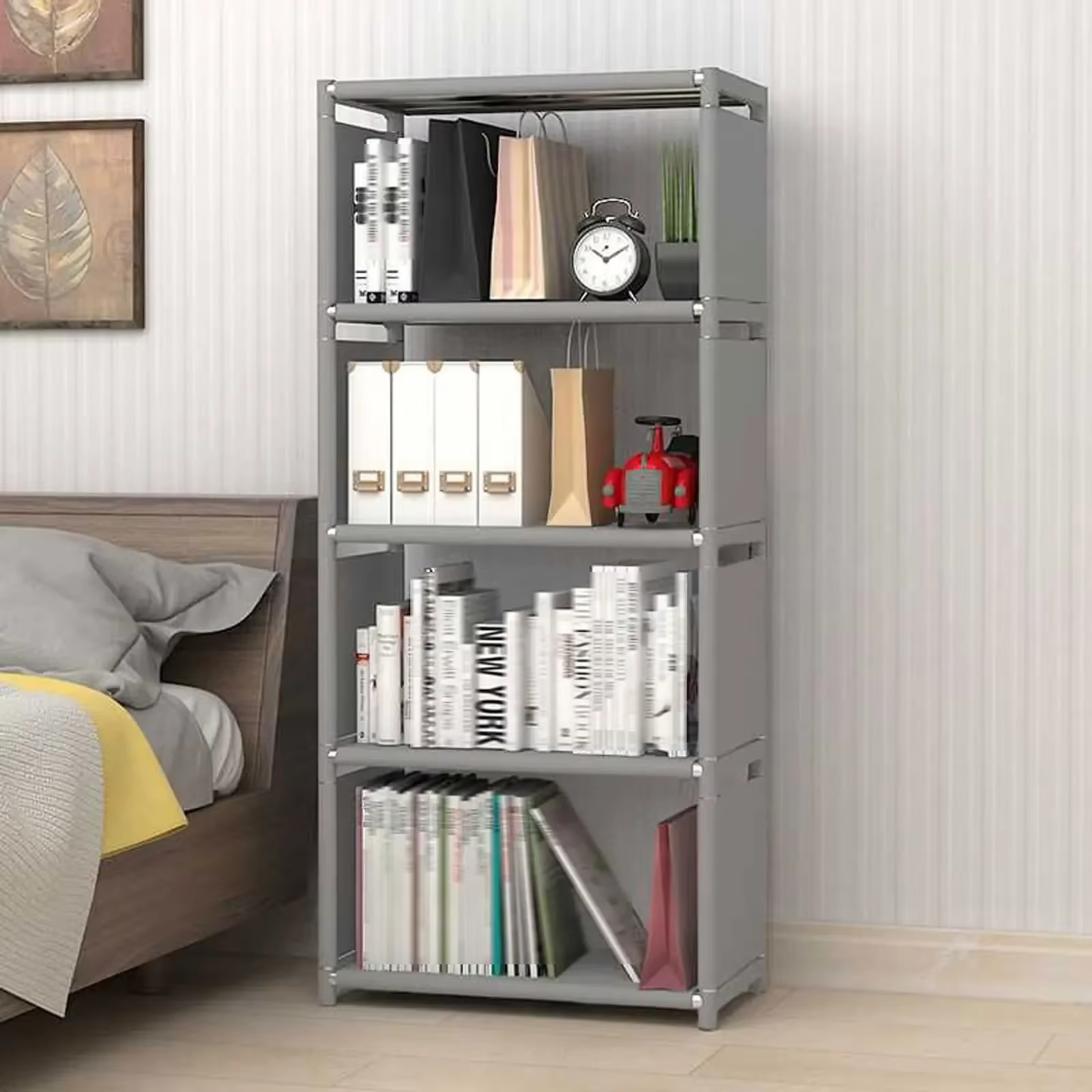 Présentoir de bibliothèque à 4 niveaux, support d'étagère de rangement de livres, étagère gris clair