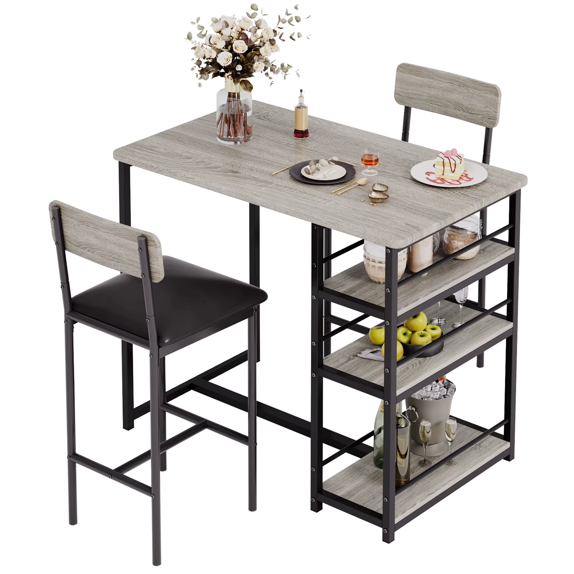 Ensemble de table à manger avec étagères à 3 niveaux, ensemble de table de cuisine de bar avec 2 cha