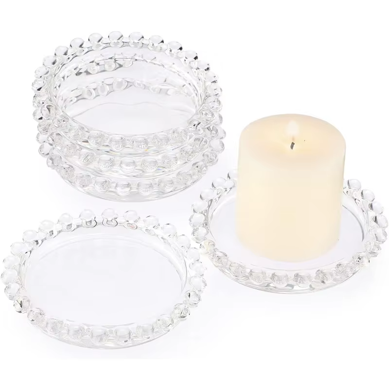 Plateau à bougies élégant et transparent de style cristal avec un bord perlé – idéal pour les centre