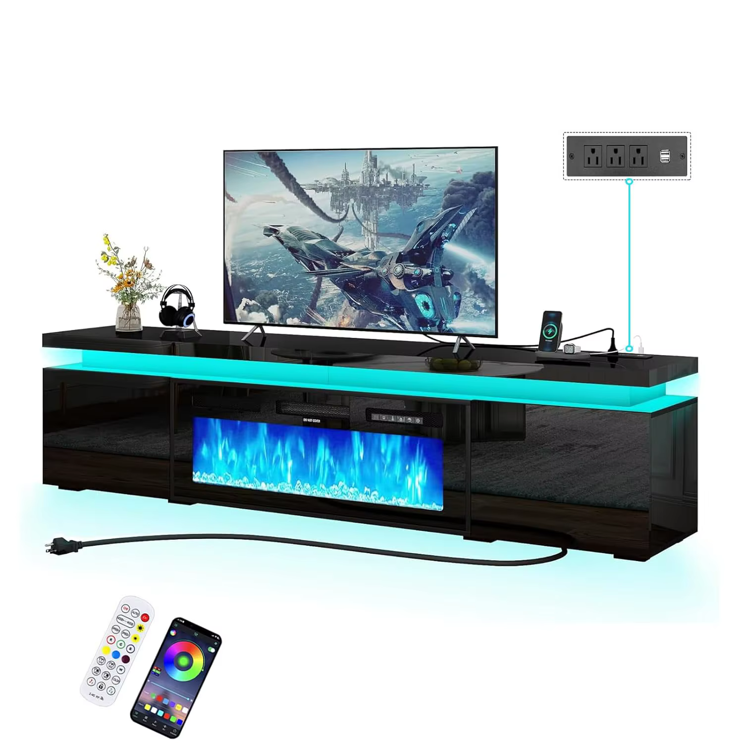 Meuble TV LED 83 pouces avec foyer électrique et prise de courant, surface haute brillance, 2 armoir