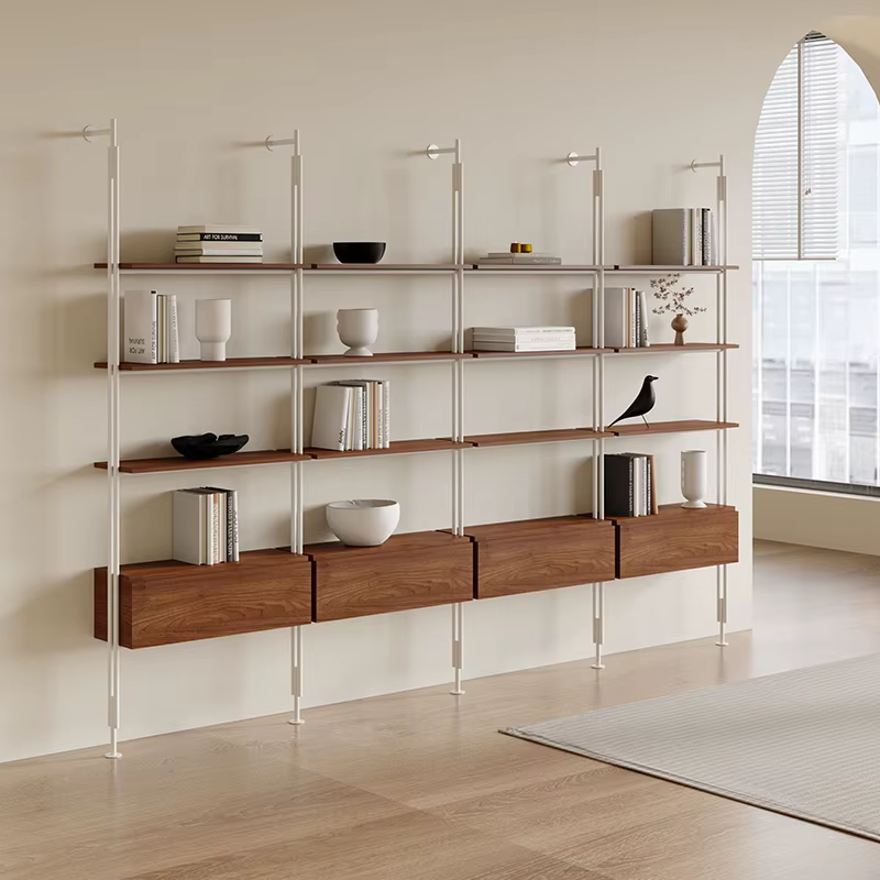 Bibliothèque minimaliste crème, bibliothèque de salon, du sol au plafond, multi-niveaux, en fer forg