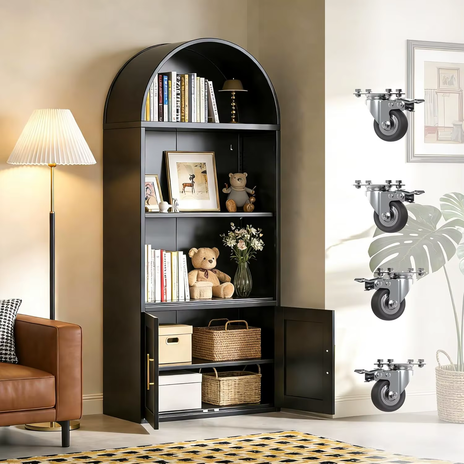 Bibliothèque arquée en métal noir avec roulettes, 2 étagères réglables, pour bureau à domicile, salo