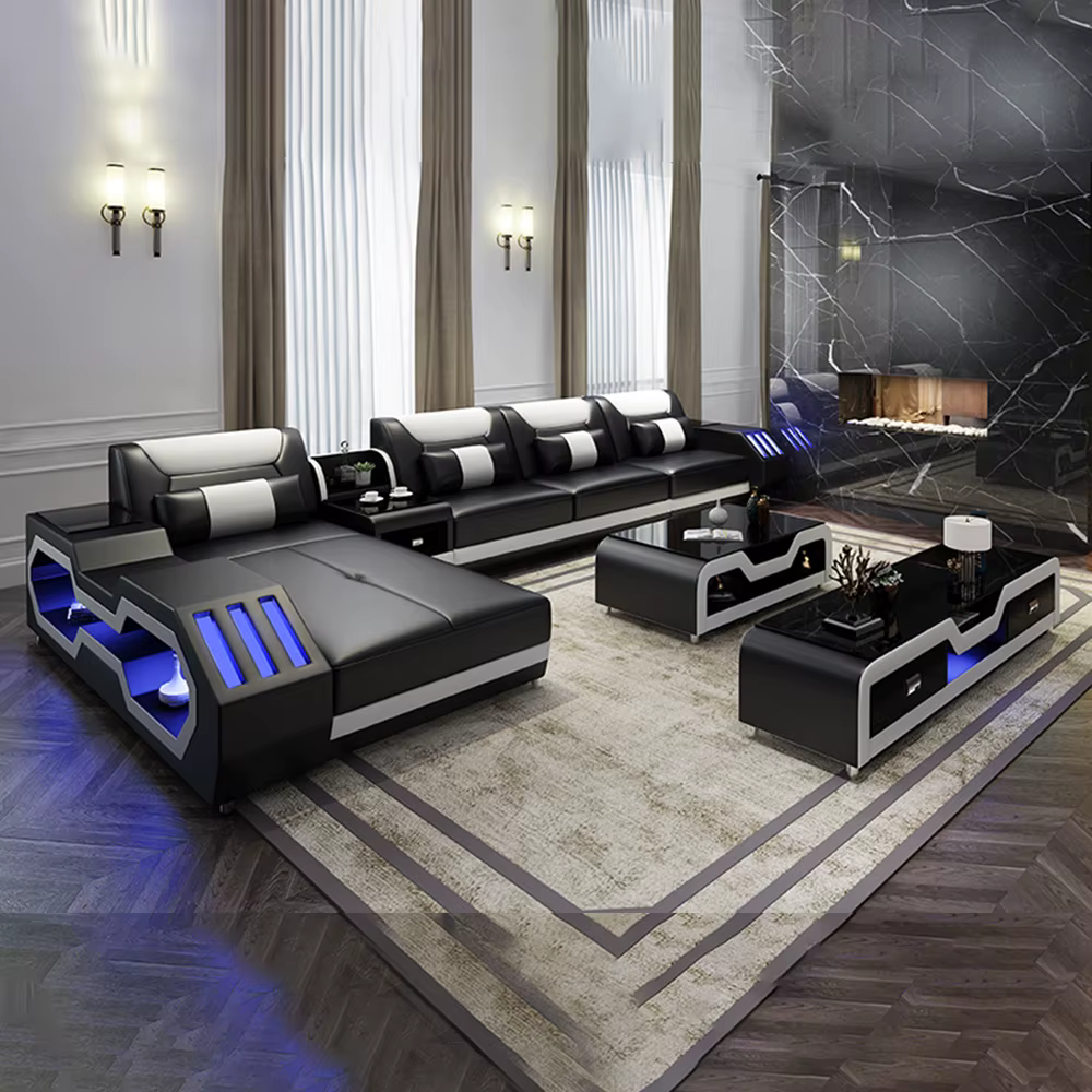 Ensemble de canapé moderne éclairé par LED avec fauteuil inclinable, appui-tête et console réglables