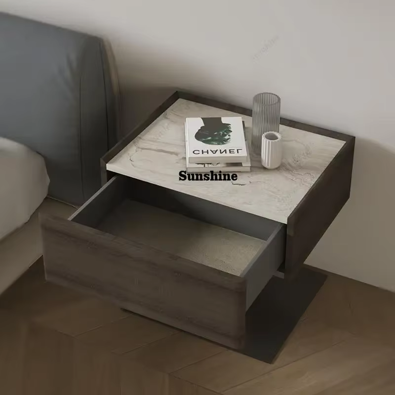 Table de chevet minimaliste en bois massif TS, table de chevet design avec plateau en marbre naturel