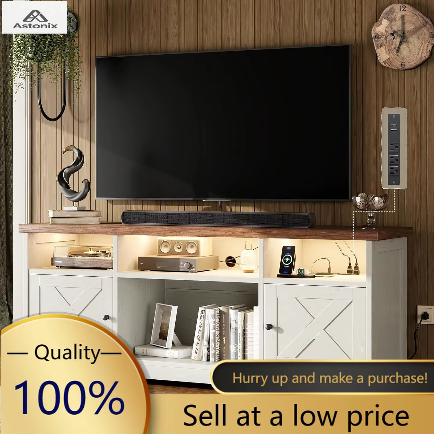 Meuble TV pour téléviseur 65 pouces, centre de divertissement style farmhouse avec prise de courant,