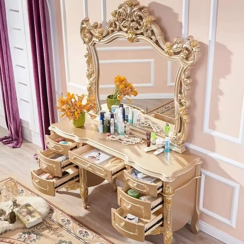 Coiffeuse dorée de luxe avec grand miroir, sculptée avec raffinement, style européen, pour chambre à