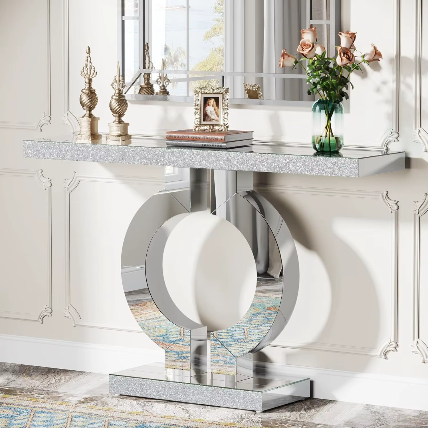 Table console en miroir avec base en forme de O, table d'entrée, table de canapé en verre avec finit