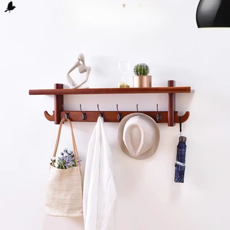 Porte-manteau mural en bois massif, organisateur d'entrée rustique avec étagère et crochets, Solutio