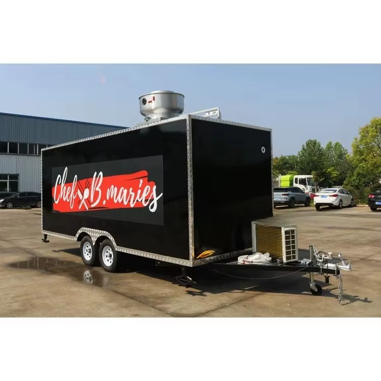 Camion de restauration noir avec 3 éviers, pour frites et poulet, équipé d'une plaque chauffante, de