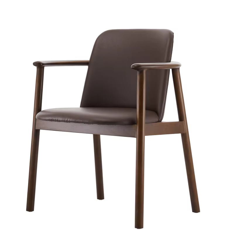 Fauteuil de salle à manger moderne, cadre en bois massif, coussin en cuir, chaise ronde pour rembour