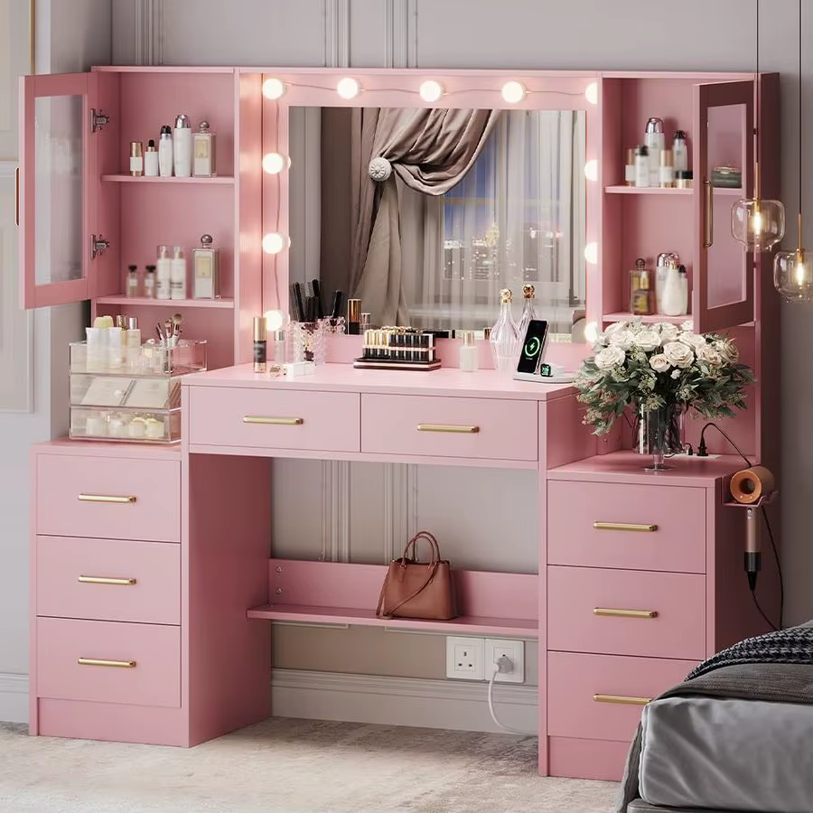 Coiffeuse de maquillage 58.3 avec station de charge, table de maquillage rose avec miroir lumineux, 